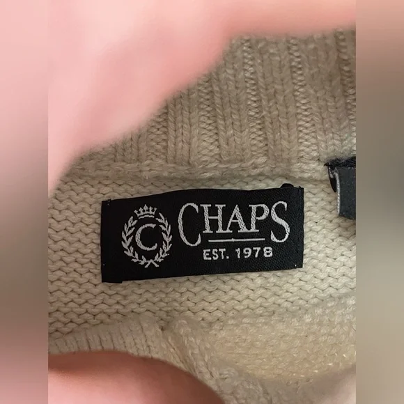 CHAPS size Large Cream Cotton  3-Button Mock Neck Pullover Sweater prep winter - Picture 10 of 12